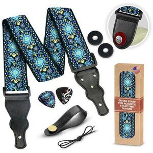 Embroidered guitar strap adjustable with strap locks picks pick pocket set